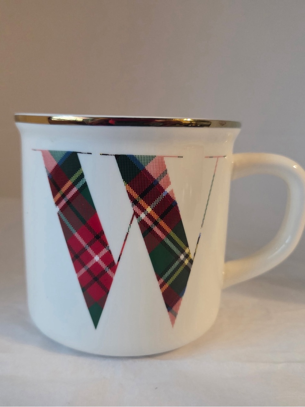 Pottery Barn Stewart Plaid Ceramic W Monogram Coffee Mug Red White Green